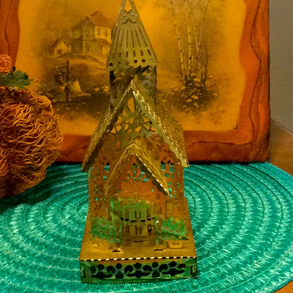 Vtg gold Metal Tin House Church candle holder.